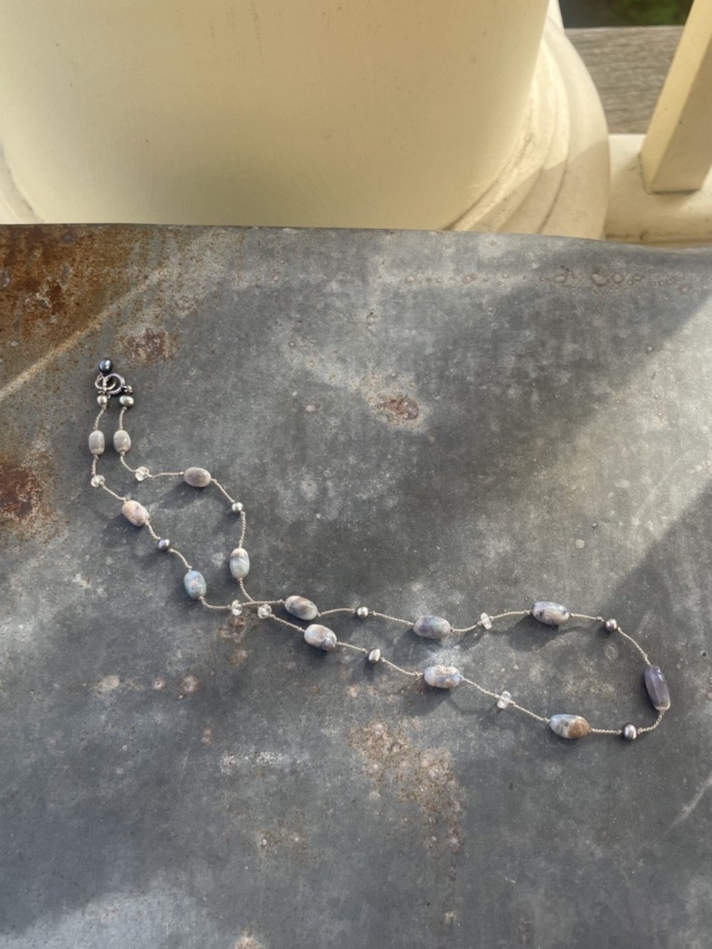 Blue Moss Agate and Gray Pearl Necklace - Picture 2 of 4